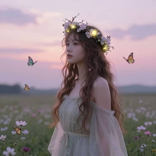 Photograph of a young, fair-skinned woman with long, wavy brown hair, wearing a floral crown and ethereal off-shoulder dress