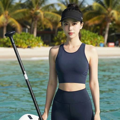 Athletic Woman Paddleboarding Tropical Lagoon