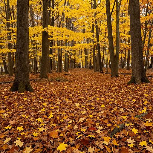 Photograph of a forest in autumn with tall trees, vibrant yellow and orange leaves on the ground, and a dense canopy.
