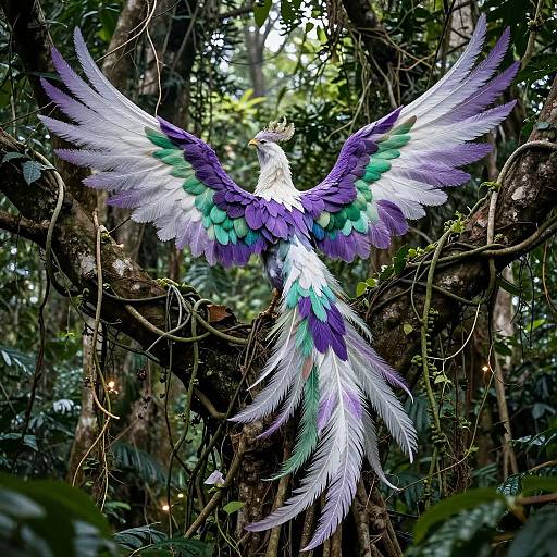 Photograph of a vibrant, fantasy bird with white, purple, green, and blue feathers, spreading wings wide in a lush, dense jungle.