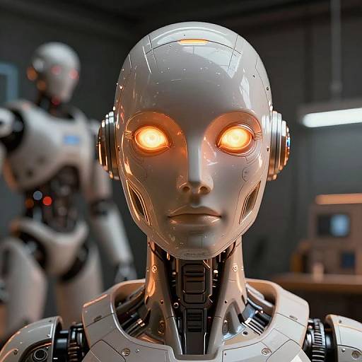 Photorealistic CGI of a silver humanoid robot with glowing orange eyes, standing in a dimly lit laboratory with another robot blurred in the background.