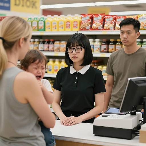Grocery Store Checkout with Concerned Staff and Crying Child