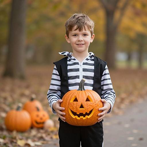 Photograph of a young boy with brown hair, wearing black and white striped shirt and black vest, holding a carved pumpkin with a smiling face, in