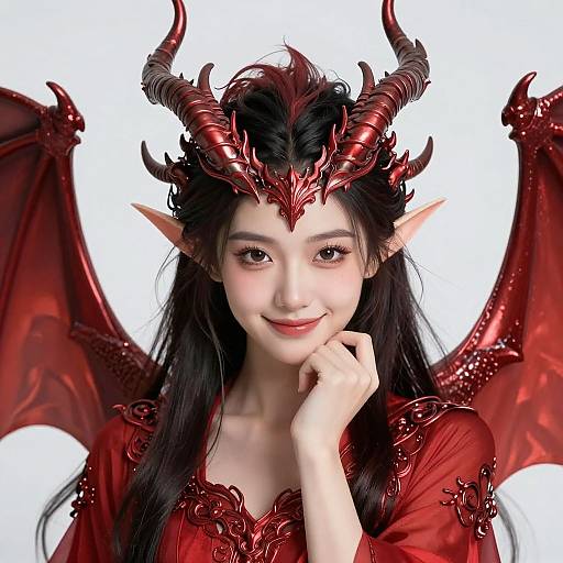 Digital artwork of a smiling Asian demon woman with red horns, pointed ears, and wings, wearing an ornate red dress and crown.