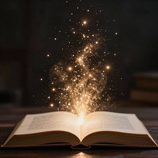 Photograph of an open book with glowing, sparkly text emanating bright, magical golden sparkles against a dark, blurred background.