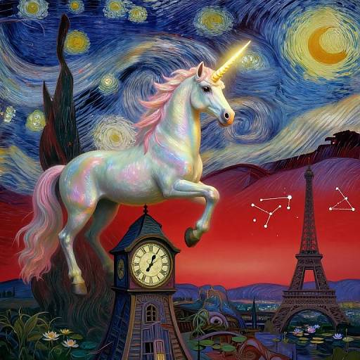 Digital artwork of a glowing unicorn with a golden horn, leaping above a clock tower and Eiffel Tower against a swirling, starry, red