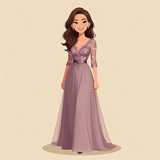 Digital illustration of a smiling woman with long brown hair, wearing a lavender, lace-trimmed, long-sleeve gown and a flowing skirt,