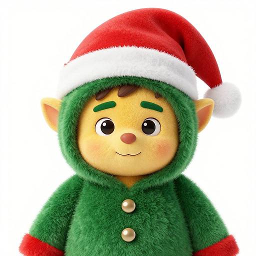 Cute digital illustration of a plush elf with green fur, red Santa hat, and green coat, featuring large eyes and smiling face, against a white