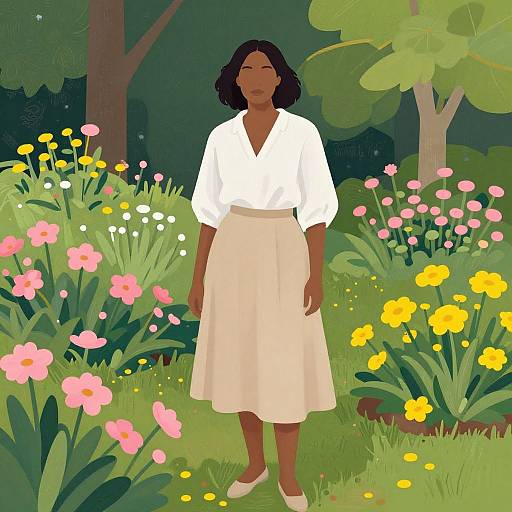 Digital illustration of a dark-skinned woman with shoulder-length black hair, wearing a white blouse and beige skirt, standing in a vibrant garden with pink,