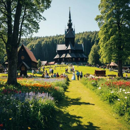 Nordic Stave Church in Sunny Meadow