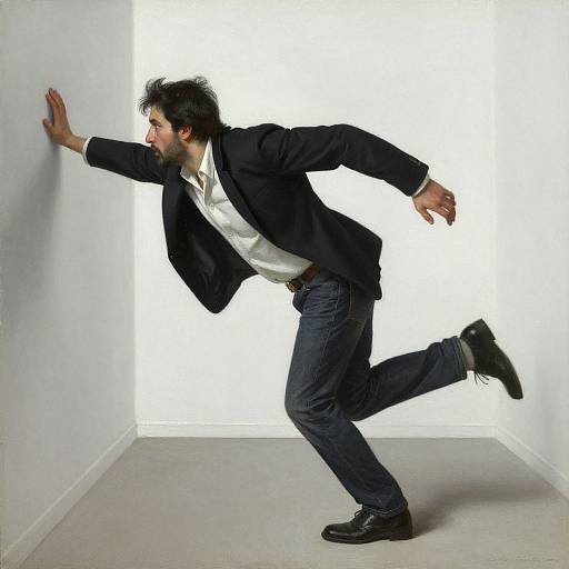 Photograph of a man in a black suit, white shirt, and dark jeans, running against a white corner wall, looking startled.