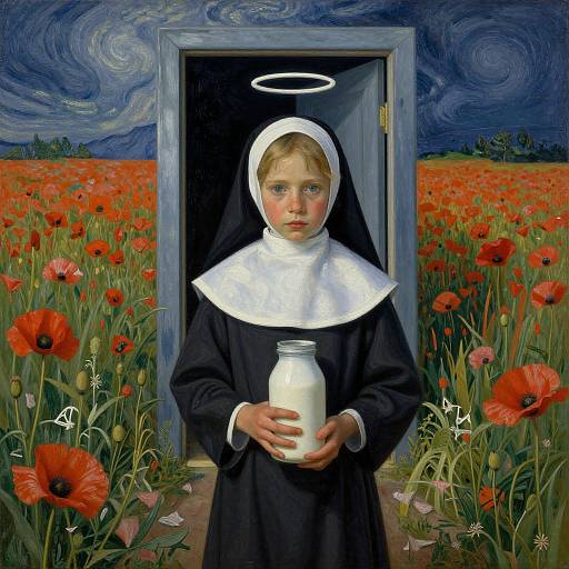 Digital painting of a young nun with a halo, holding a milk bottle, standing in a vibrant red poppy field, with a swirling blue sky and