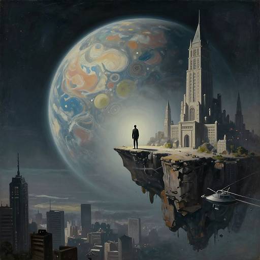 Digital artwork: Silhouetted figure stands on cliff edge, overlooking futuristic city with tall church, surrounded by surreal, colorful planet and helicopter.