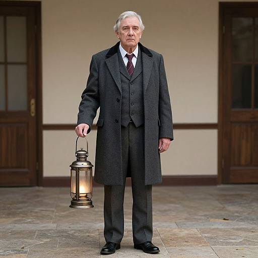 Elderly man with white hair, wearing black three-piece suit, white shirt, and maroon tie, holds lantern, standing in front of wooden