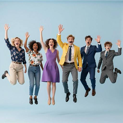 Joyful Jumping Caricatures Against Sky