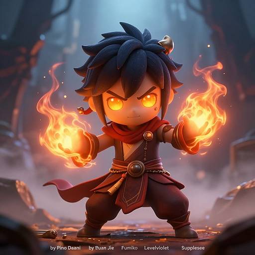Chibi-style digital artwork of a fierce, black-haired character with glowing orange eyes, wielding fiery hands in a dark, mystical forest. By Pine Dem