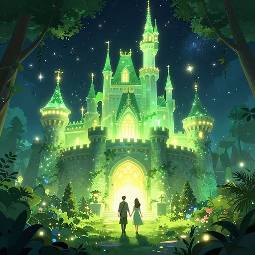 Digital artwork of a glowing, neon-green castle at night, with two silhouetted figures walking towards an illuminated arched entrance, surrounded by lush