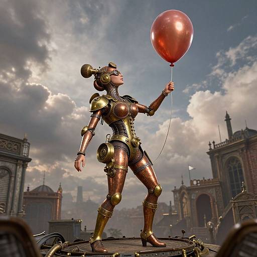 Steampunk android woman with gold armor holds a red balloon, standing on a cloudy city rooftop in a CGI scene.