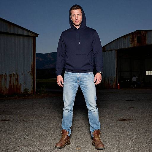 Photograph of a man in a dark hoodie, light blue jeans, and brown boots, standing between two rusty warehouses at dusk.