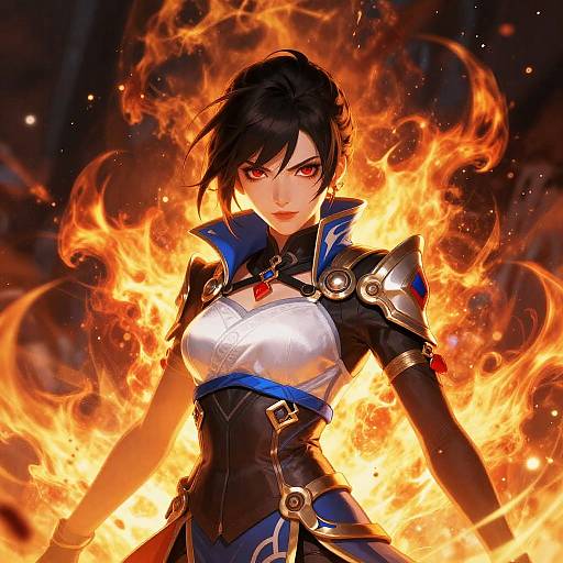 Digital art of a fierce, fair-skinned woman with black hair, red eyes, and fire surrounding her. She wears a silver and black armored outfit