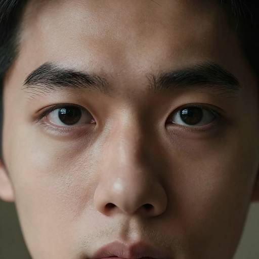 Close-up photograph of an East Asian man with fair skin, dark eyebrows, and intense, focused eyes, against a neutral background.