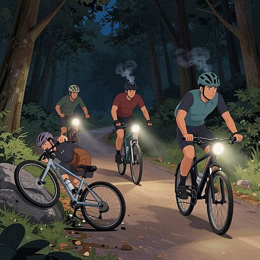 Digital illustration of four male cyclists in helmets and jerseys riding headlamps on a forest trail at night, surrounded by trees and rocks.