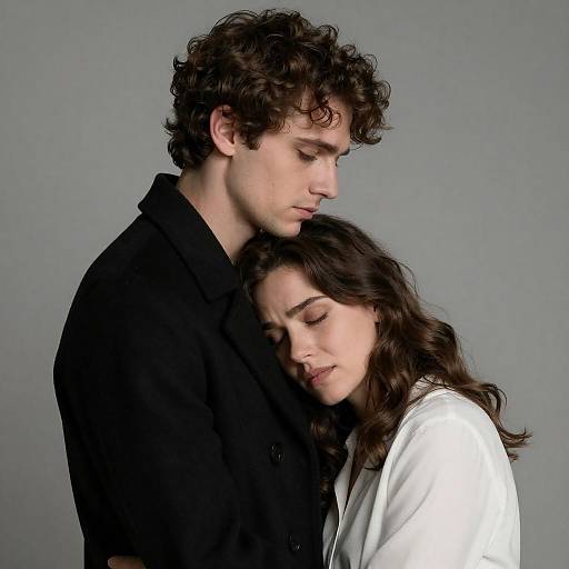 Emotional Embrace Against a Gray Backdrop