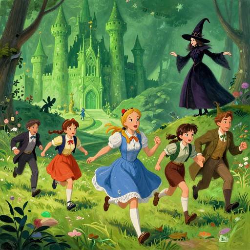 Wizard of Oz Characters Running from Witch in Emerald Castle