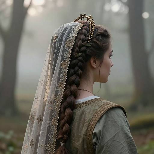 Photograph of a young woman with braided brown hair, wearing an ornate lace veil and medieval-style green dress, standing in a misty forest