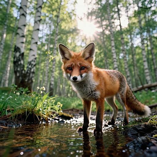 Photograph of a red fox standing in a shallow forest stream, sunlight filtering through birch trees, with lush greenery and sunlight reflections.