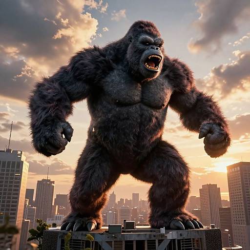 Digital artwork of a massive, muscular, dark-furred gorilla roaring, standing on a rooftop amidst a cityscape during a dramatic sunset.