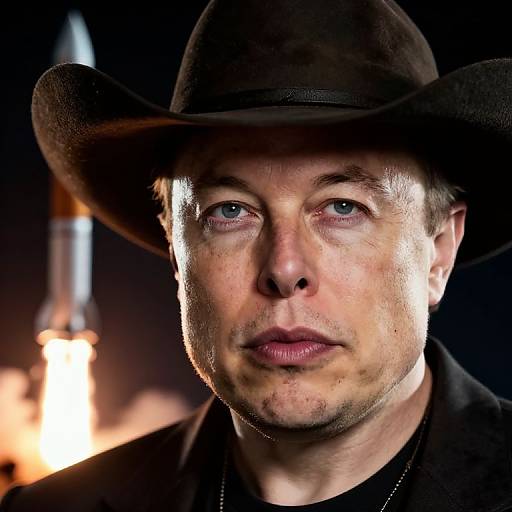 Close-up photograph of a serious white man with blue eyes, wearing a black cowboy hat and dark clothing, with a blurred rocket in the background.
