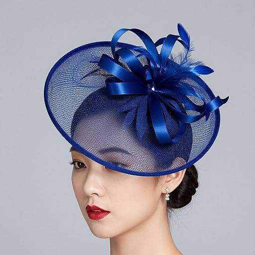 Photograph of an Asian woman with fair skin, red lipstick, black hair in a bun, wearing a large, blue, sheer fascinator hat with