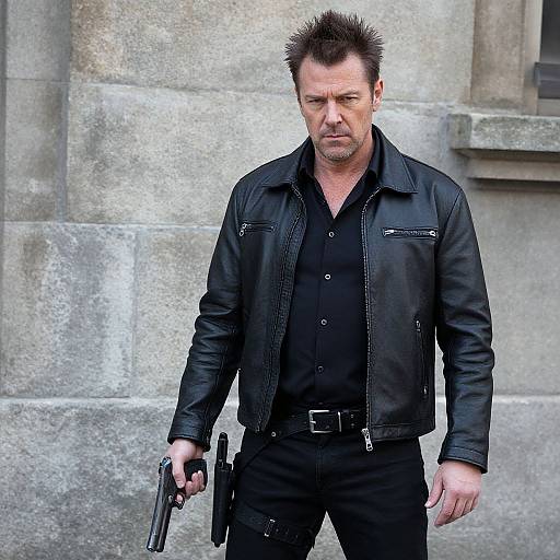 Rugged Man with Gun in Urban Setting