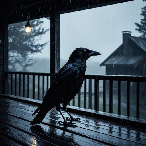 Black Crow on Rainy Wooden Porch
