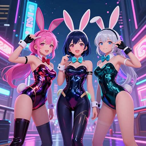 Digital anime artwork of three women in black shiny bunny suits with bunny ears and thigh-high boots, standing in a neon-lit city street at night,