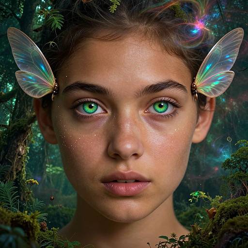 Photorealistic digital portrait of a young woman with glowing green eyes, fair skin, and transparent iridescent butterfly wings in a mystical forest.