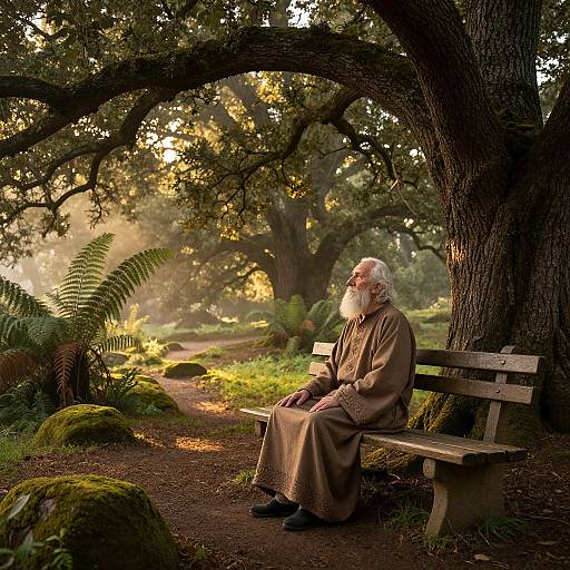 Photograph of an elderly white man with a long white beard, wearing a brown robe, sitting on a wooden bench under a large tree in a sun