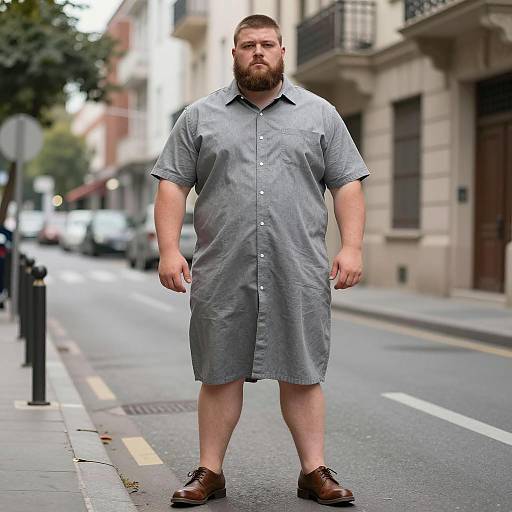 Plus Size Man in Gray Dress on City Street