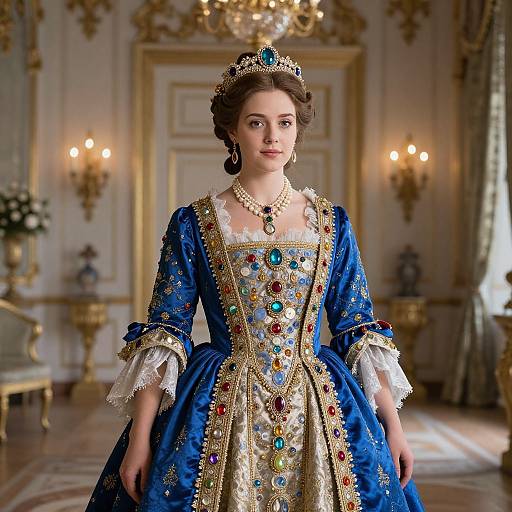 Photograph of a young woman in an elaborate blue and gold Renaissance-style gown adorned with jewels, pearls, and a tiara, standing in an op