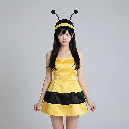 Photograph of an Asian woman with long black hair, wearing a yellow and black bee costume, headband with antennae, standing against a plain white