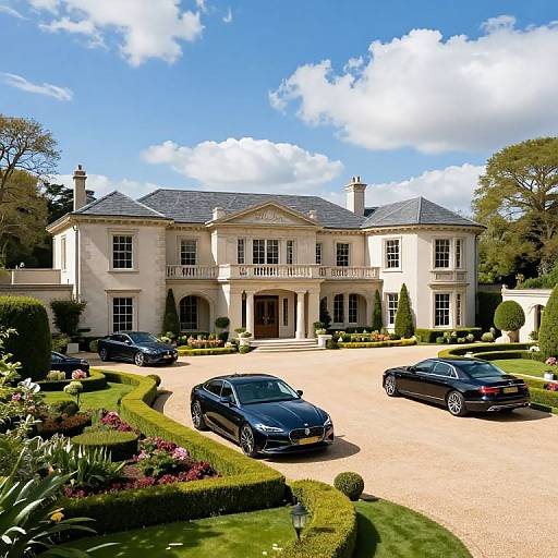 Photograph of a grand, two-story, cream-colored mansion with a balcony, three black luxury cars in a sunlit, manicured driveway.