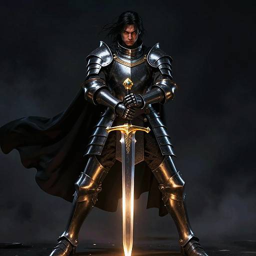 Photorealistic digital art of a muscular, dark-haired knight in shiny black armor, holding a glowing sword, standing confidently against a dark, smoky