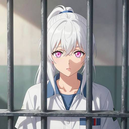 Anime-style drawing of a white-haired girl with pink eyes behind black prison bars, wearing a white shirt over a blue top.