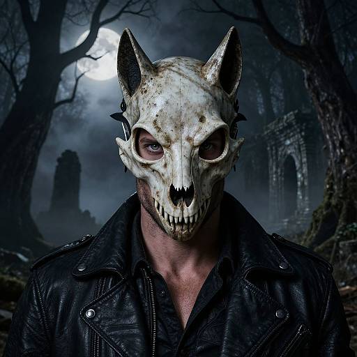 Photograph of a man wearing a white, skeletal fox mask with pointed ears, black leather jacket, in a dark, misty, moonlit forest