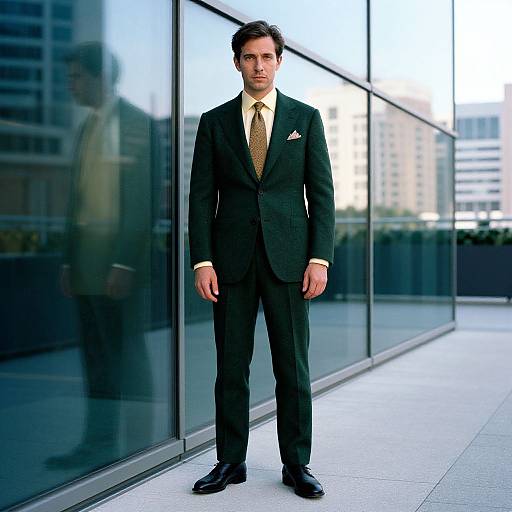 Photograph of a handsome, dark-haired man in a black suit, yellow tie, and white shirt, standing in front of a modern glass building.