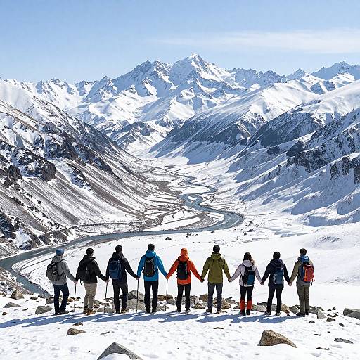 Photograph of eight hikers in colorful winter clothes, standing on snowy mountain trail, facing breathtaking, sunlit, snow-covered peaks under clear blue sky