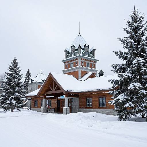 Photograph of a snow-covered, red-brick building with a white-roofed tower and surrounded by snow-laden evergreen trees. Bright,