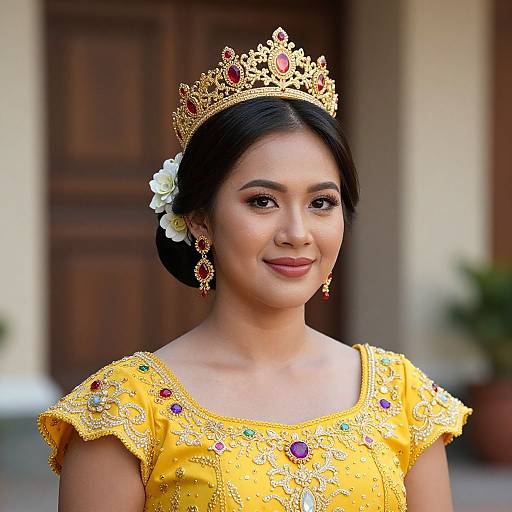 Photograph of a smiling Asian woman in a yellow, intricately embroidered dress and gold crown with red and green jewels, adorned with a white flower in