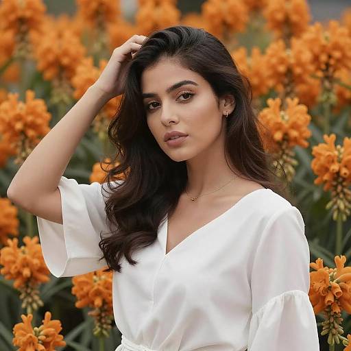 Elegant Woman Amidst Vibrant Flowers